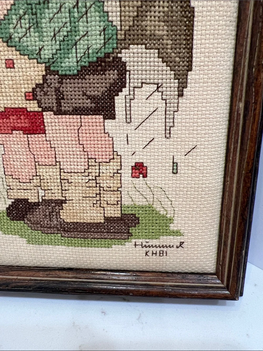Vintage Hummel Style Cross Stitch “Stormy Weather” Framed Wall Art